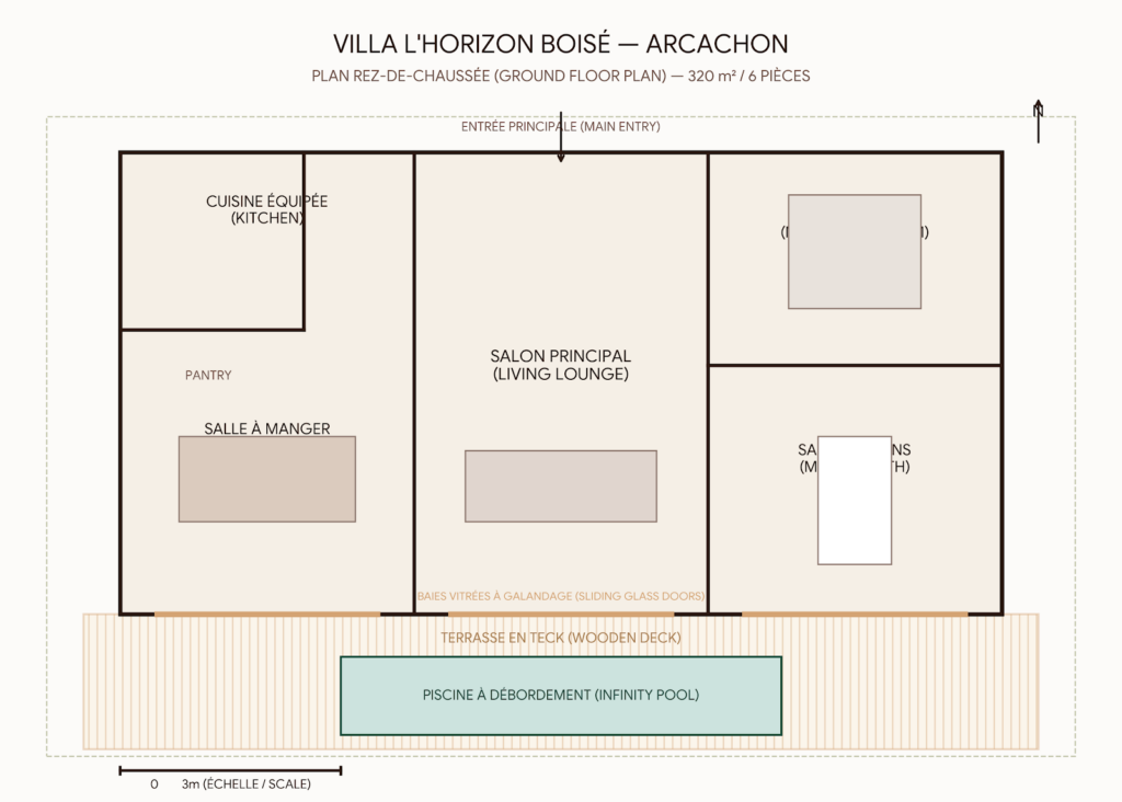 Plan d'architecture de la Maison Historique - piscine miroir, terrasse, suite parentale et balcons panoramiques - propriété de prestige au Cap Ferret
