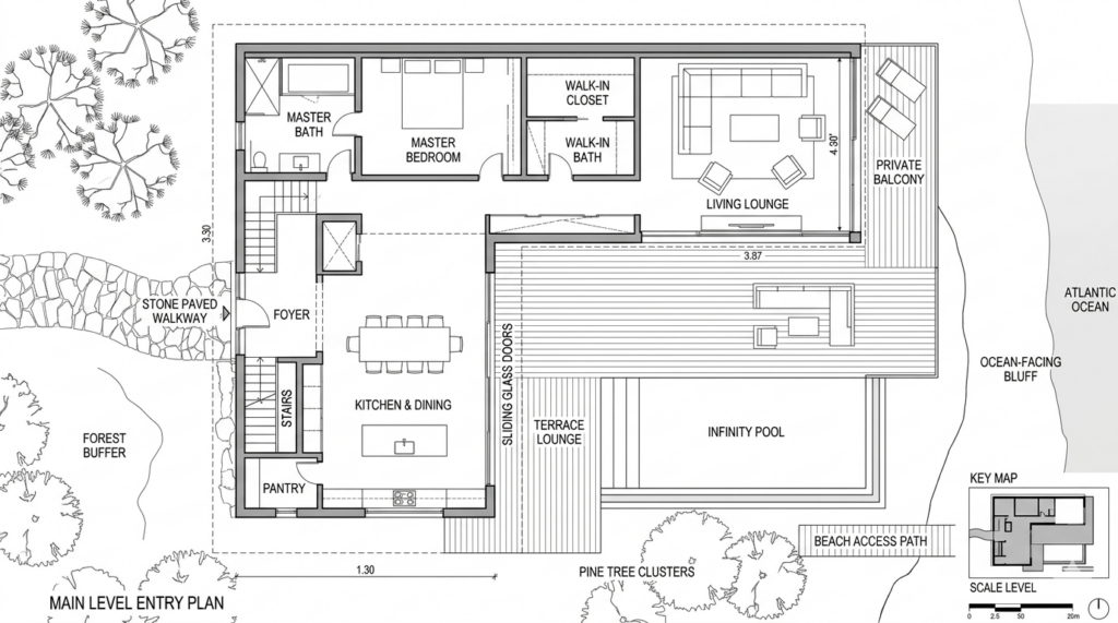 Plan villa moderne cap ferret piscine débordement accès plage
