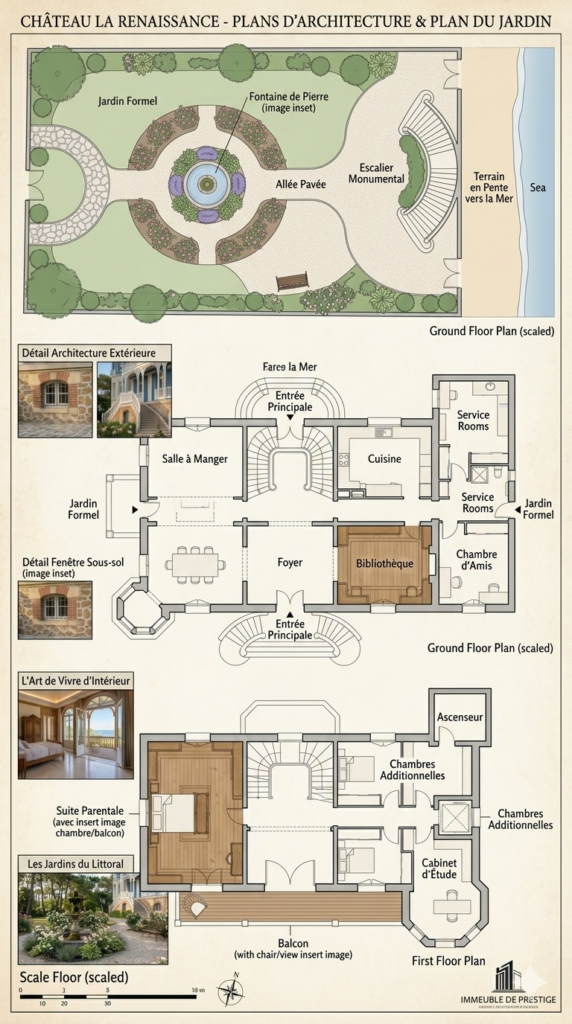 Plan d'architecture château la renaissance cap ferret vue mer