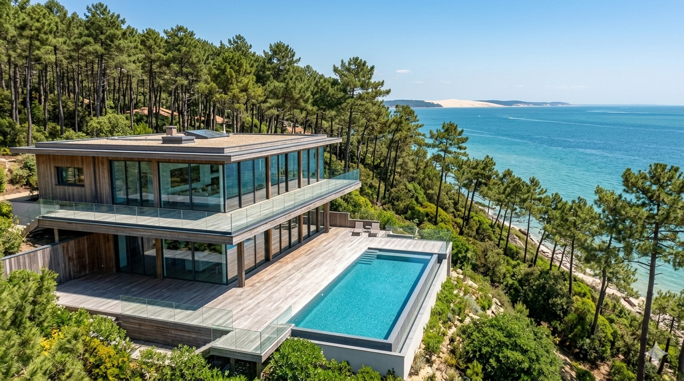 Villa moderne piscine débordement vue océan cap ferret pins