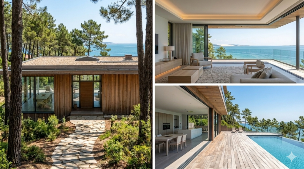 Villa moderne bois cap ferret piscine terrasse vue bassin arcachon
