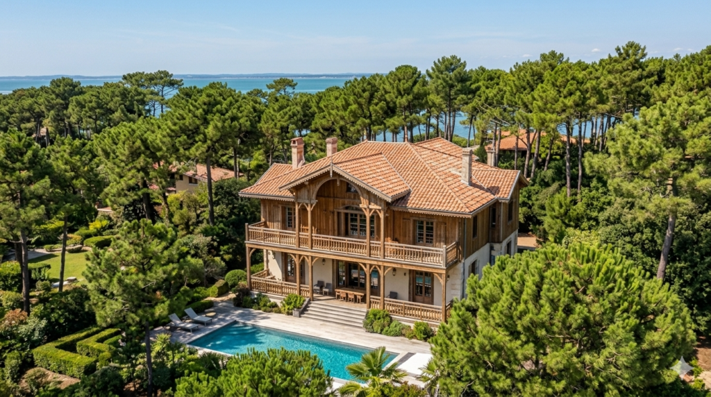 Villa bois prestige cap ferret piscine forêt pins vue bassin