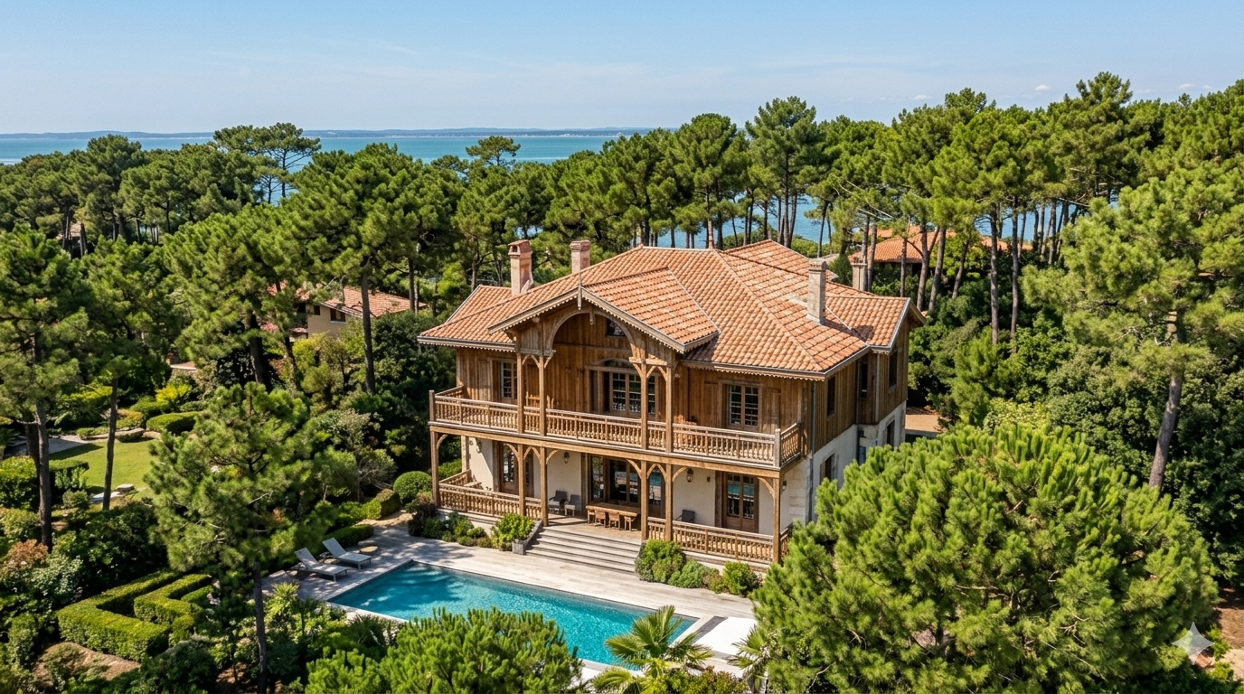 Villa bois prestige cap ferret piscine forêt pins vue bassin