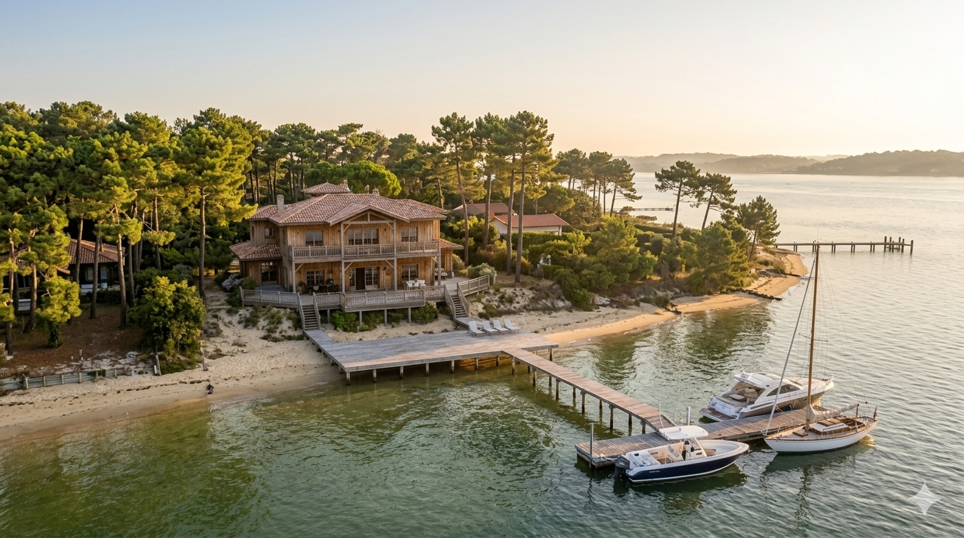 Villa bois cap ferret bord eau ponton voilier bassin arcachon