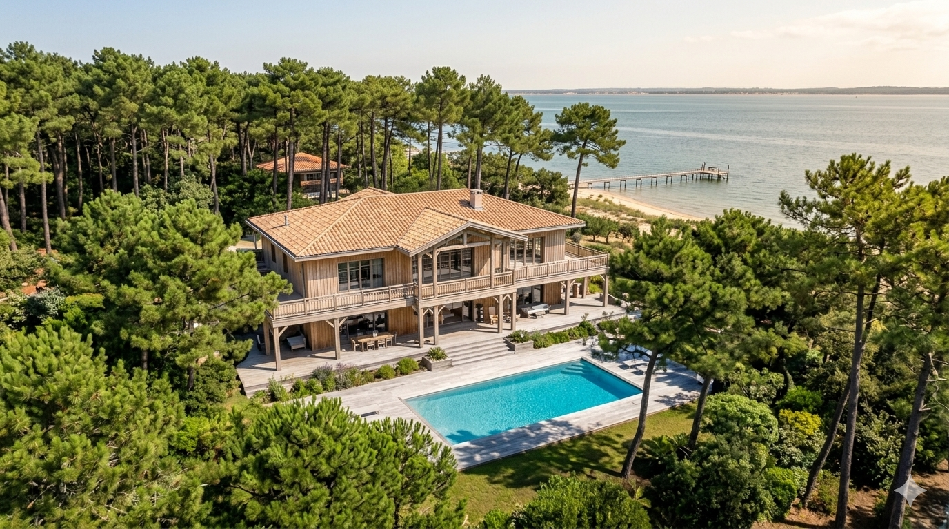 Villa bois chaleureuse piscine cap ferret forêt pins bassin arcachon
