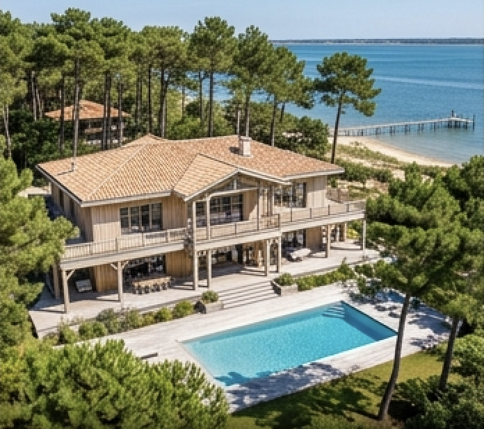 Villa bois terrasse piscine cap ferret vue bassin arcachon pins